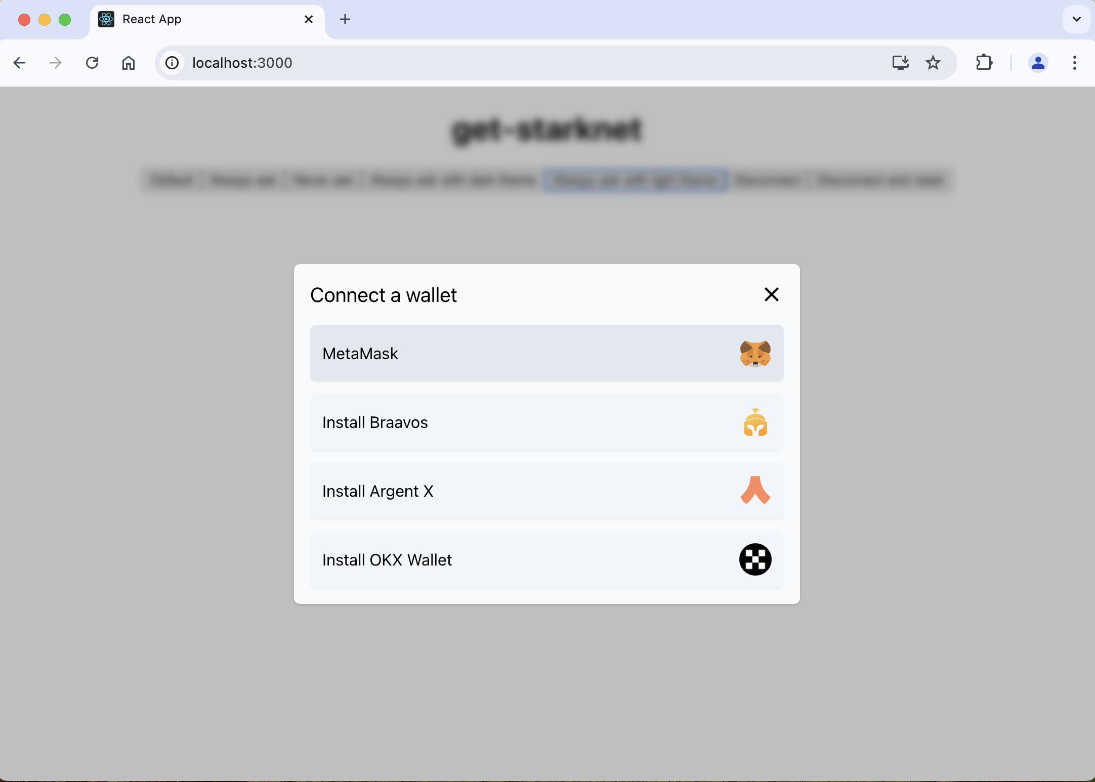 Starknet dapp select wallet